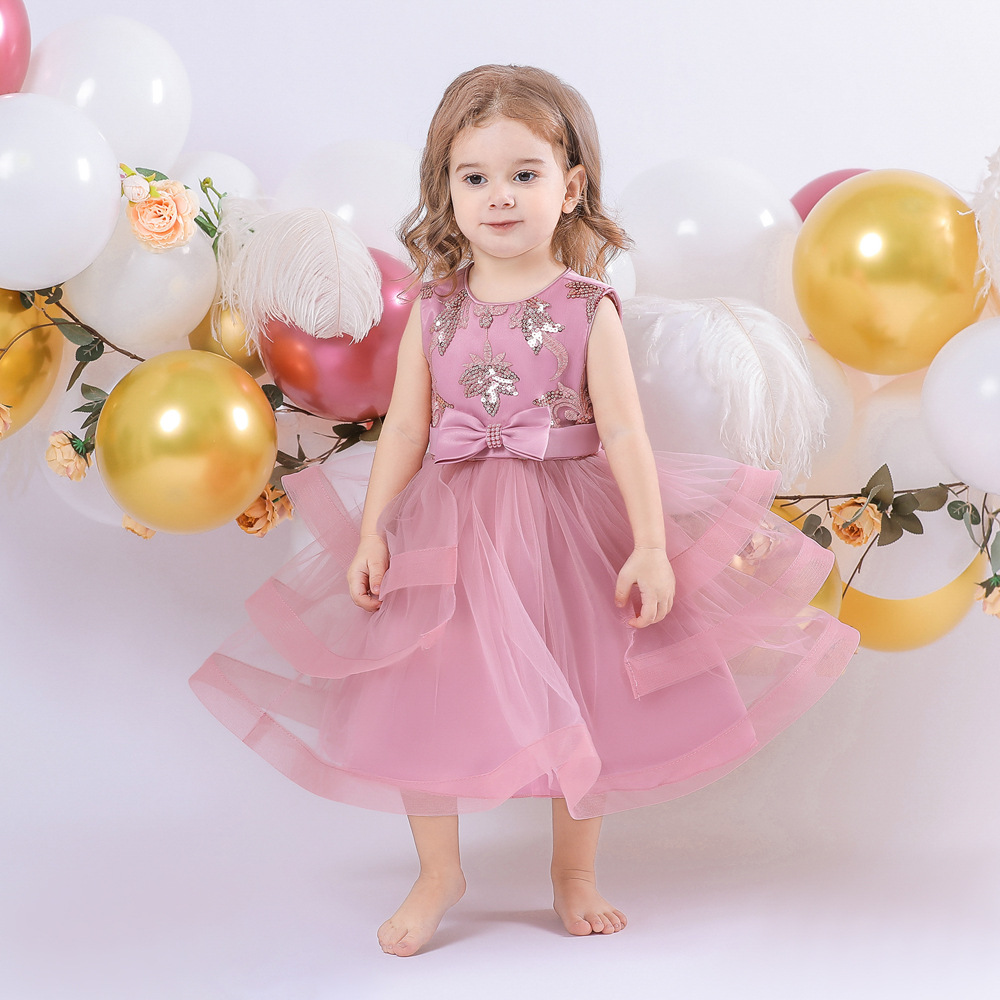 New Arrival Embroidered Sequin Sleeveless Tutu Dress Girl's Princess Dress Bow Mesh Dress Photography Dress