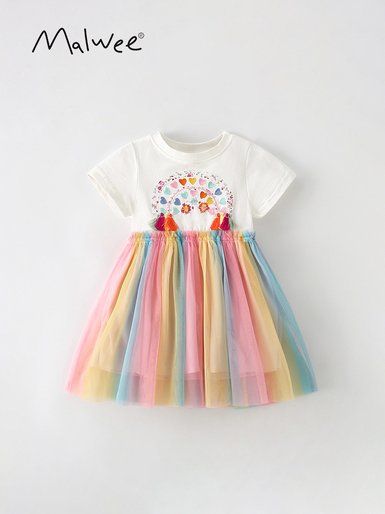 Falda de princesa para niños malwee verano nuevo estilo europeo y americano niños pequeños y medianos estilo occidental niña cuello redondo falda de manga corta para niñas