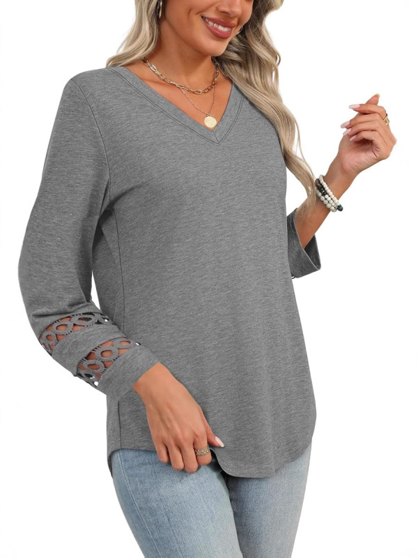 ヨーロッパとアメリカのクロスボーダーAmazon貿易2025秋冬新作ファッションVネックTシャツ長袖レディースファッションカジュアルシャツ|undefined