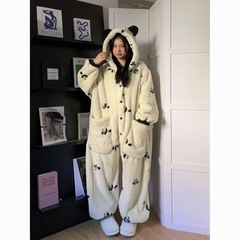 可爱熊猫珊瑚绒连体睡衣女冬季2025新款加绒加厚一体式家居服套装