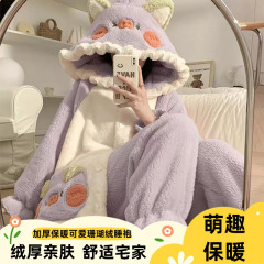 睡衣女秋冬季睡袍加厚保暖可爱珊瑚绒浴袍韩版可外穿中长款家居服