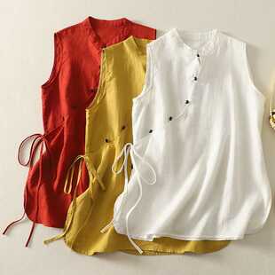 New Chinese-Style Cotton and Linen Layered Long Shirt, Sleeveless Diagonal Placket Chinese-Style Shirt with Fashionable Side Ties