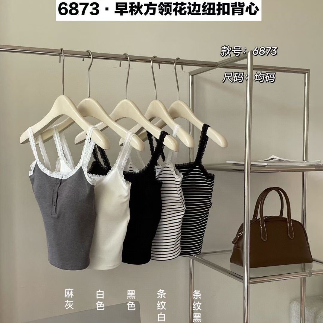 Women's Camisole with Chest Pad Early Autumn Lace Lace Button Striped Beautiful Back Inner Tube Top Camisole