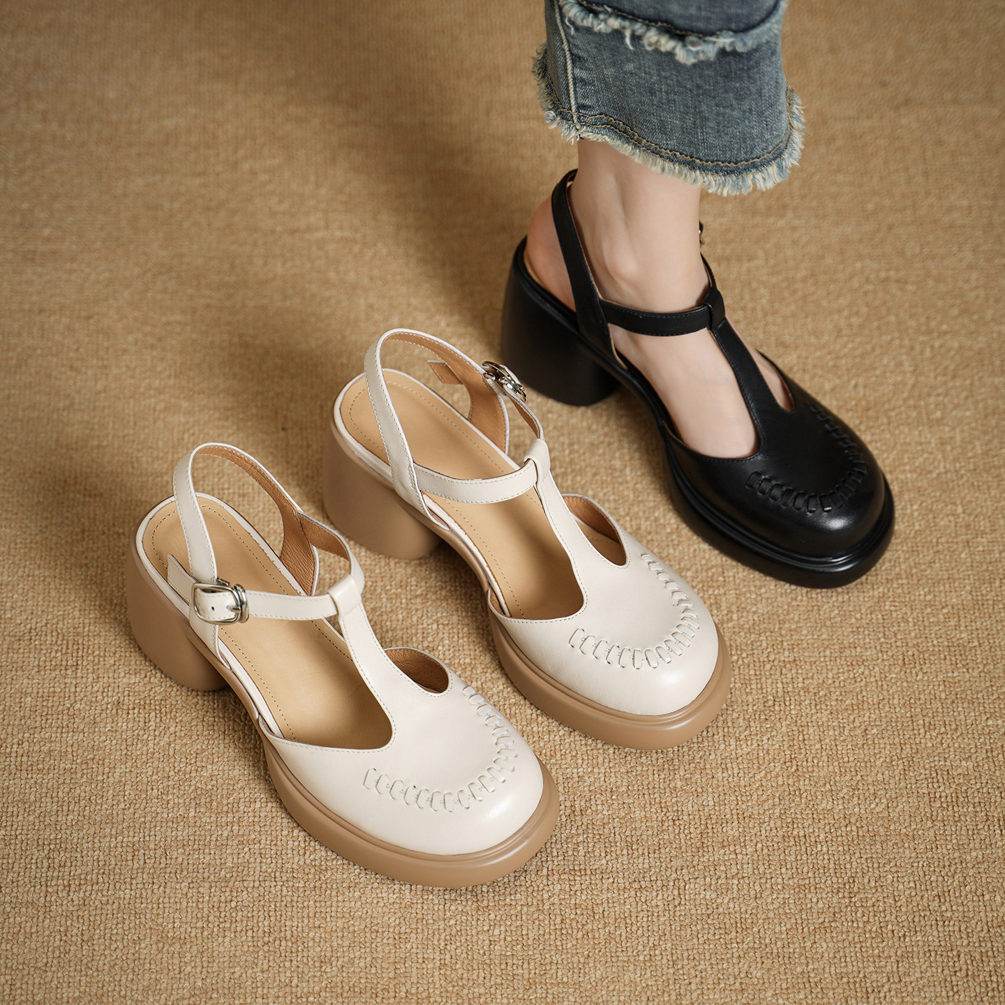 Sandal cao gót nữ quai ngang mũi nhọn da bò thật, gót 8 cm đế dày — đen