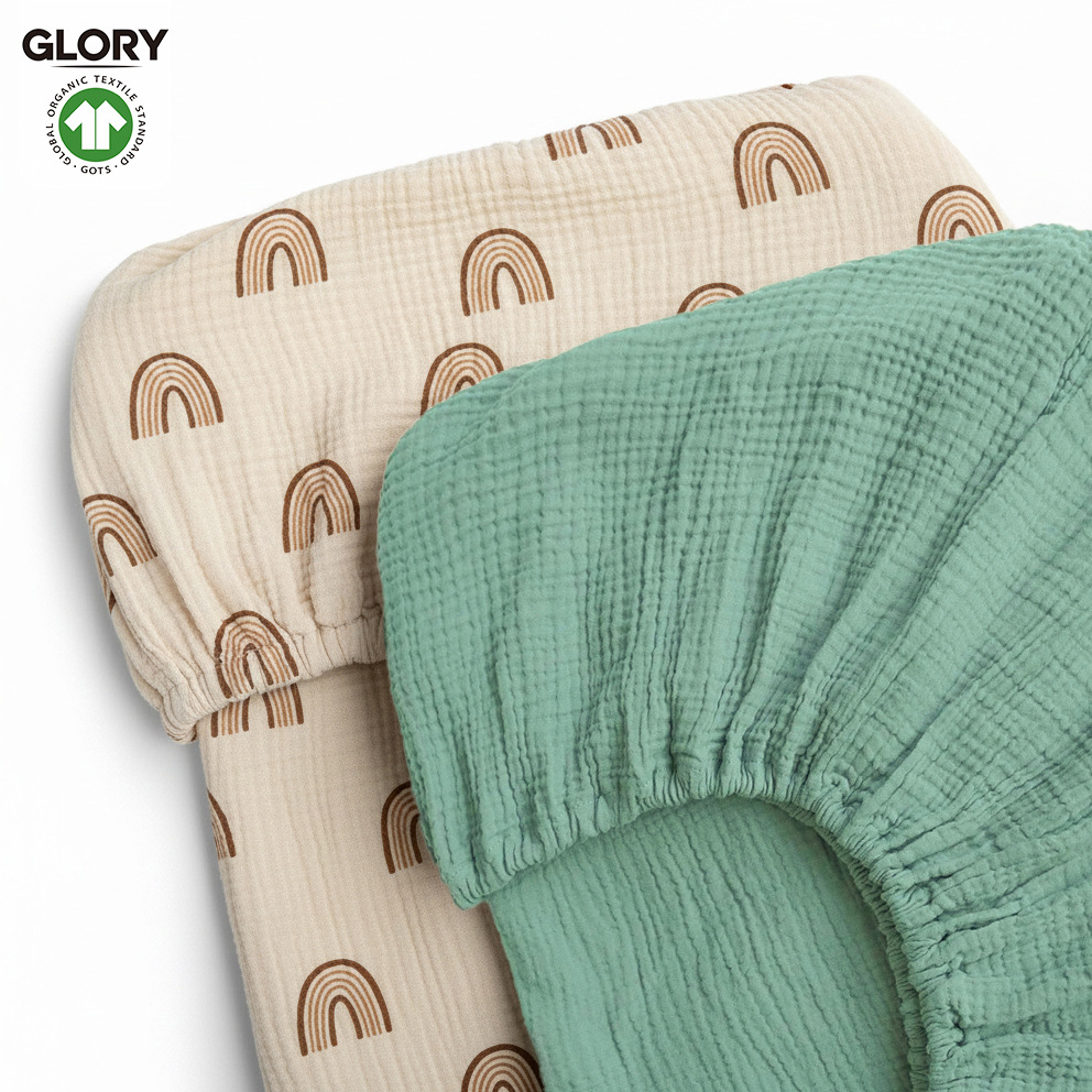 Gots Certified Organic Cotton Plain Printed Crepe Baby Crib Fitted Sheet Bed Cover Class a Cross-Border Crepe
