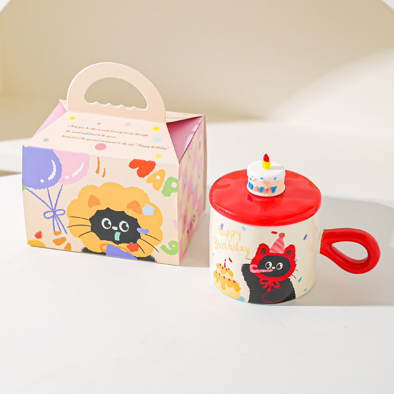 Caricatura encantadora gato cerámica taza de agua copas de alto valor caja de regalo regalo regalo de cumpleaños taza de desayuno
