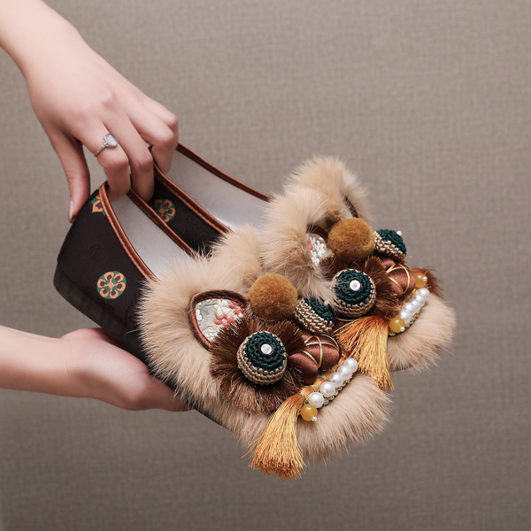 Real Fur Handmade Original Tiger Head Shoes 2026 New Style Cloth Shoes for Women, Flat Soft Hanfu New Chinese Style Traditional Craftsmanship Shoes