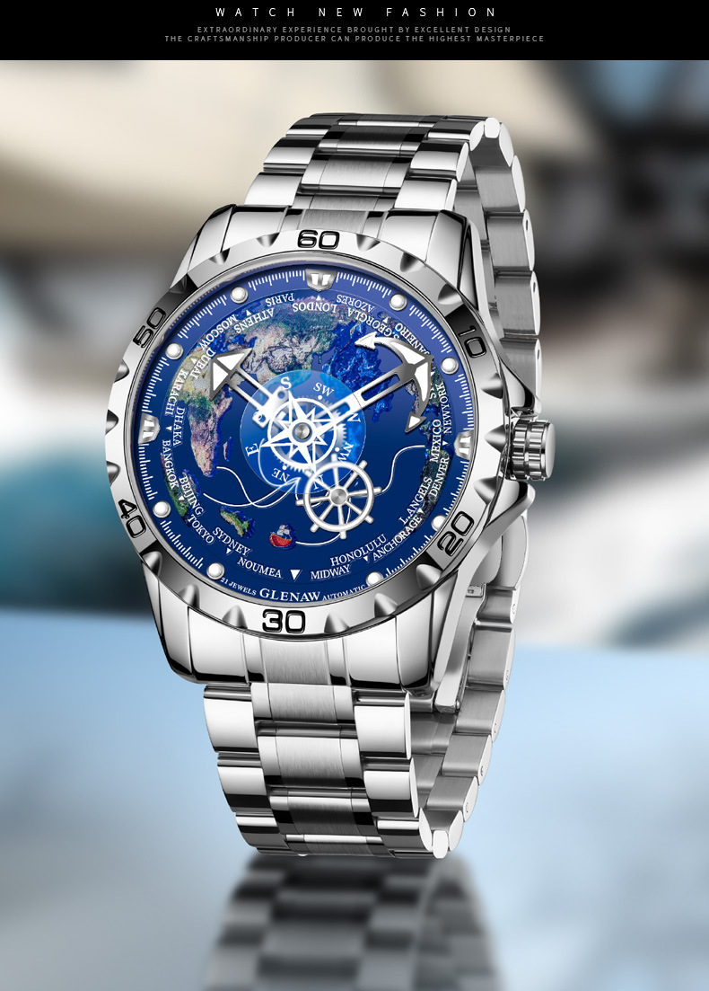 Đồng hồ nam automatic lộ máy dây thép không gỉ — Black Shell vàng kim băng thép đen, vàng shell vàng kim interneedle vàng thép dải, Vỏ bạc kim bạc dải thép bạc chi tiết 4