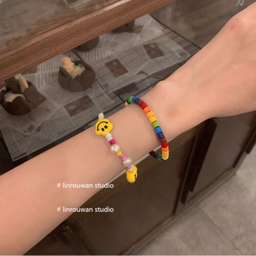 Spring New Women's Summer Ins Minority Student Besties Versatile Bracelet Trend Bead Necklace with Pearl Colorful Smiling Beads for Women