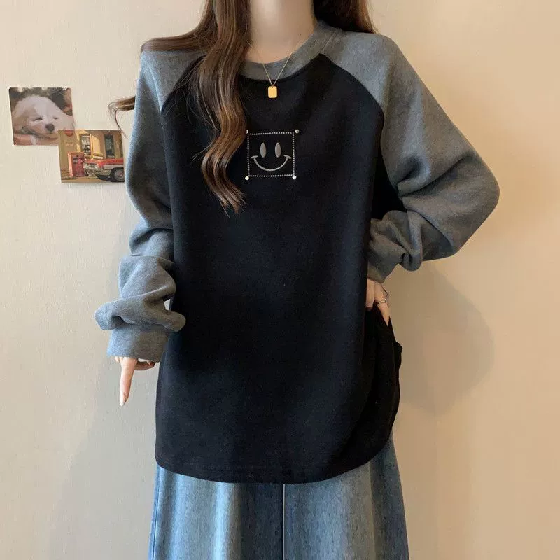 Бархатный утолщенный свитер контрастного цвета больших размеров, Женская осенне-зимняя новая свободная приталенная теплая Базовая рубашка на флисовой подкладке для женщин