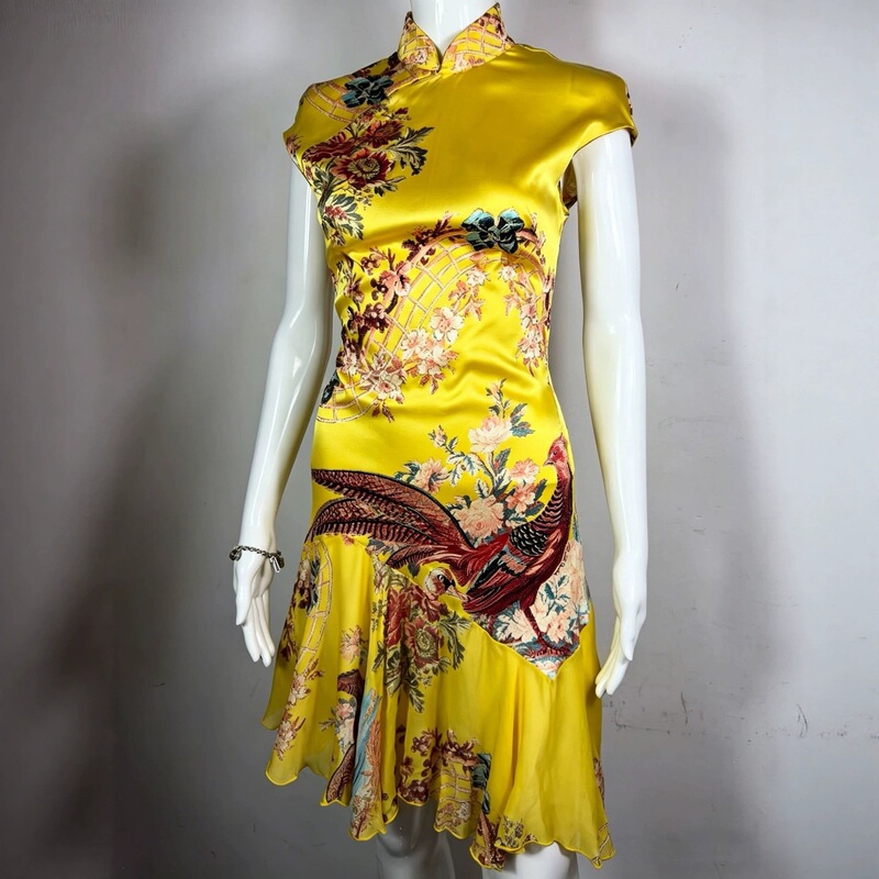 New Chinese-Style Improved Cheongsam Dress with Stand Collar, Buttoned Back, Floral Print, Irregular Ruffles, and Fishtail Waist-Cinching Design