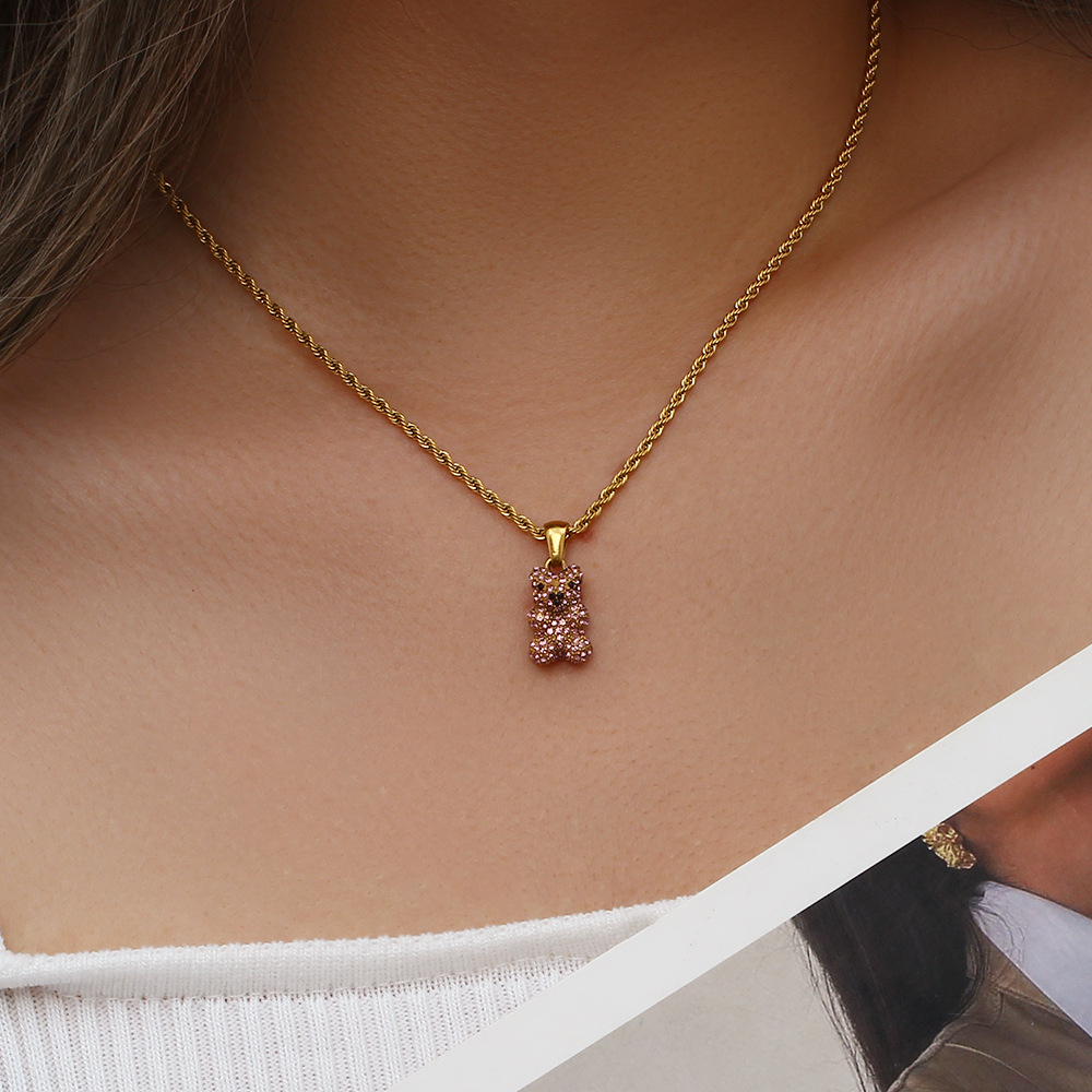 Cute Bear Stainless Steel Plating Zircon Necklace_colorza_6