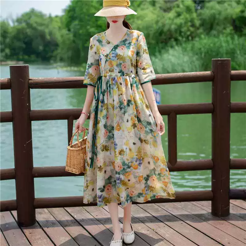 Summer dress, brace, long skirt, drawstring