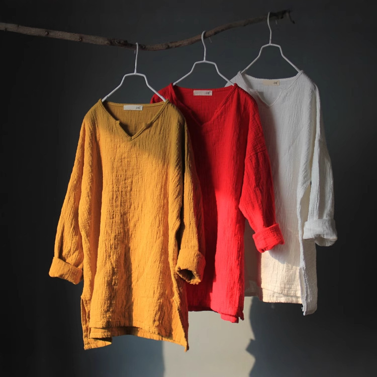 Literary Retro Women's Double-Layer Simple Long-Sleeved Shirt 3 Colors Retro Pullover Long-Sleeved T-Shirt Loose and Loose Literary Retro Women's Double-Layer Simple Long-Sleeved Shirt 3 Colors Retro Pullover Long-Sleeved T-Shirt Loose and Loose
