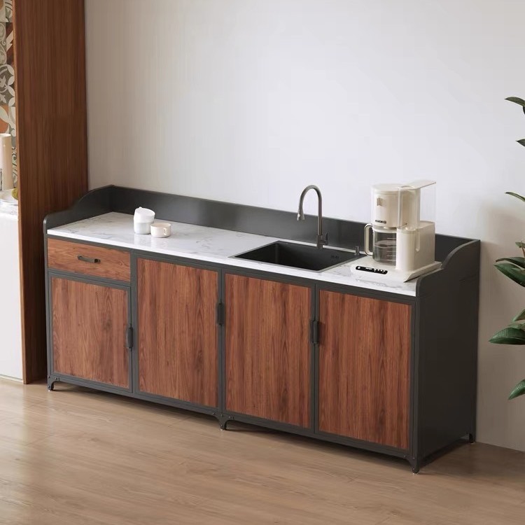 Solid Wood Metal Sideboard Sink Integrated High Cabinet Office Industrial Style Tea Cabinet Kitchen Storage Cabinet Storage Cabinet