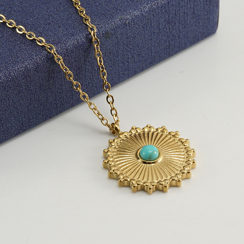 December Birthstone Turquoise Inlay Material Pendant Necklace Classification 304 Stainless Steel Chain Material cable chain Chain Type Wholesale Jewelry Retro Round 304 Stainless Steel Turquoise 18K Gold Plated Inlay Stainless Steel Necklaces