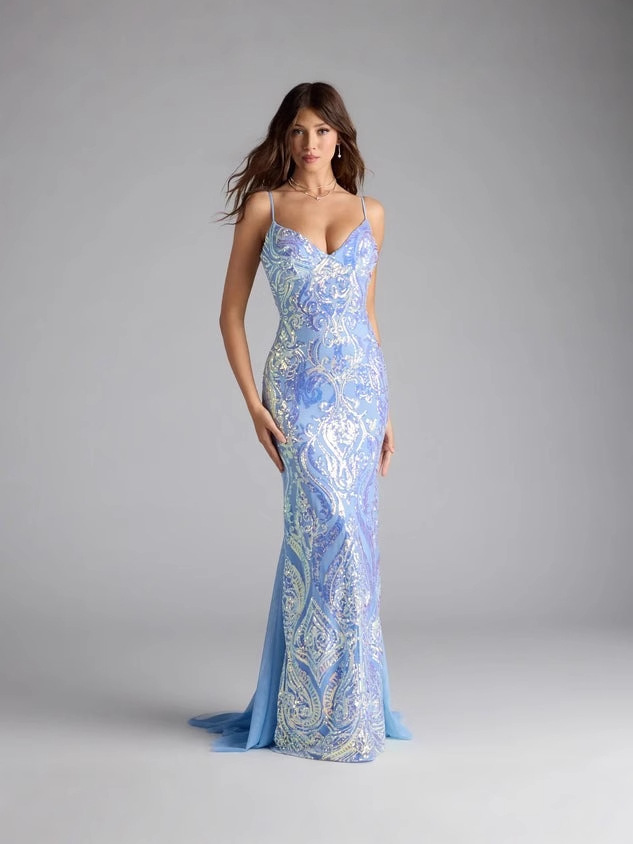 Venta caliente transfronteriza europea y americana nueva fiesta de las mujeres con cuello en V azul lentejuelas vestido sexy vestido de noche
