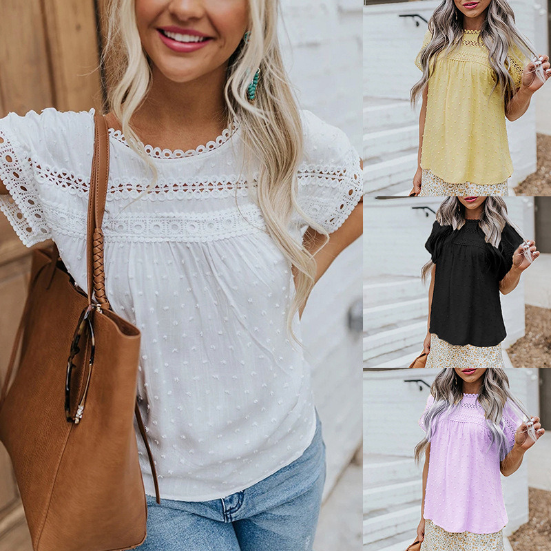 Cross-Border 2023 Amazon Hot Style European and American Round Neck Lace Crochet Pom-Pom Short-Sleeved Casual Shirt Tops for Women