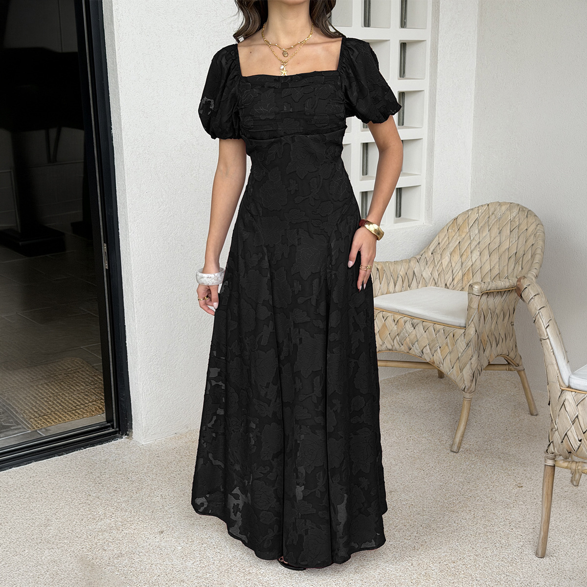 Women Retro Vintage Square Neck Puff Sleeve Jacquard Textured High Waist Slim Fit Dress Casual Party Wear_ecoleips.com