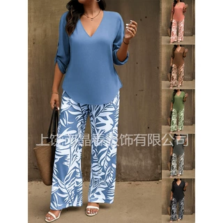 外贸跨境新款女装 休闲领长袖长裤数码印花女式套装 现货！