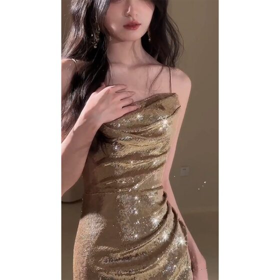 Evening dress French high-end light luxury niche toast dress elegant socialite heavy work sequined fishtail sling dress