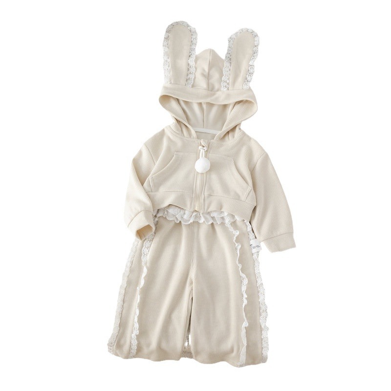 여자 세트 가을 새로운 인터넷 축하 어린 소녀 스포츠 바람 긴 귀 레이스 지퍼 코트 레이스 바지 세트