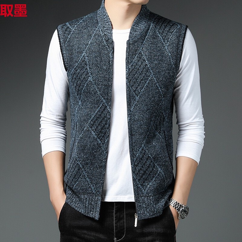 Vest Autumn and Winter Knitwear fleece-lined Thick Baseball Collar Cardigan Men's Sleeveless Waistcoat Base Shirt Jacket