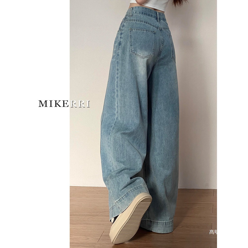 Retro denim wide-leg pants for women, new summer style, plus size, loose fit, slimming, pear-shaped figure, straight leg pants.