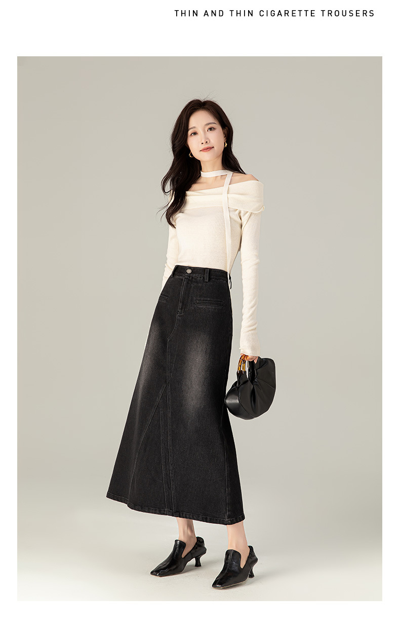 Chân váy denim đuôi cá cổ điển Mỹ, ôm dáng, dài qua gối — Đen xuyên thấu chi tiết 20