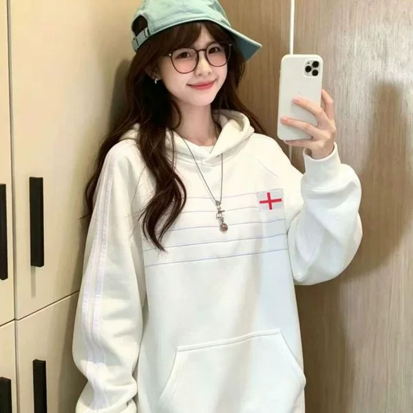 American college-style embroidered hooded sweatshirt for women, 2026 spring/autumn new collection, loose-fitting Korean style, casual and trendy couple's top