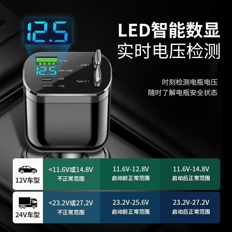 跨境新款点烟器折叠双伸缩线适用于苹果安卓车充快充车载充电器|undefined