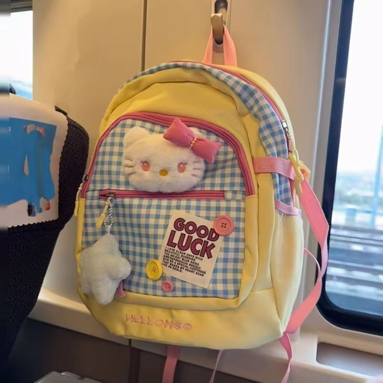Popular dopamine-style patchwork plaid Hello sports backpack, versatile and cute for college students, lightweight for girls