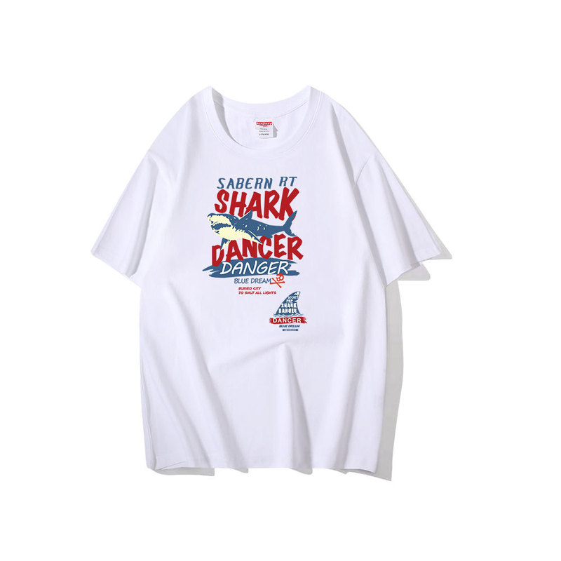 Cross-border hot selling cartoon shark 2D heat transfer men's and women's short-sleeved T-shirt summer cotton T-shirt support customization