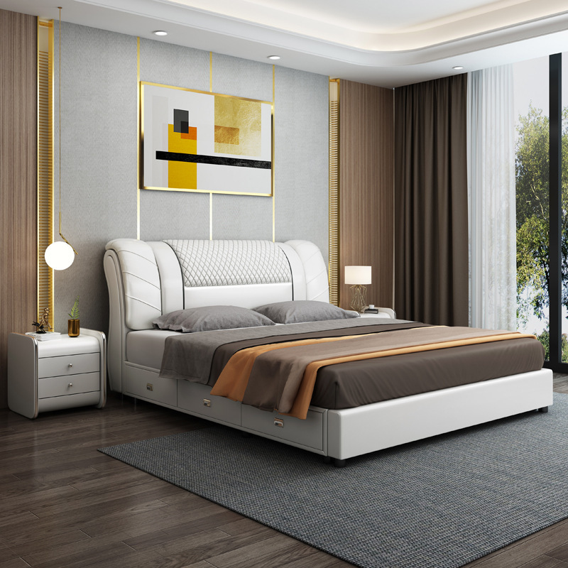 Italian Light Luxury 1.8 m Leather Bed Double Bed 1.5 m Storage High Box Bed Master Bedroom Modern Simple Soft Wedding Bed