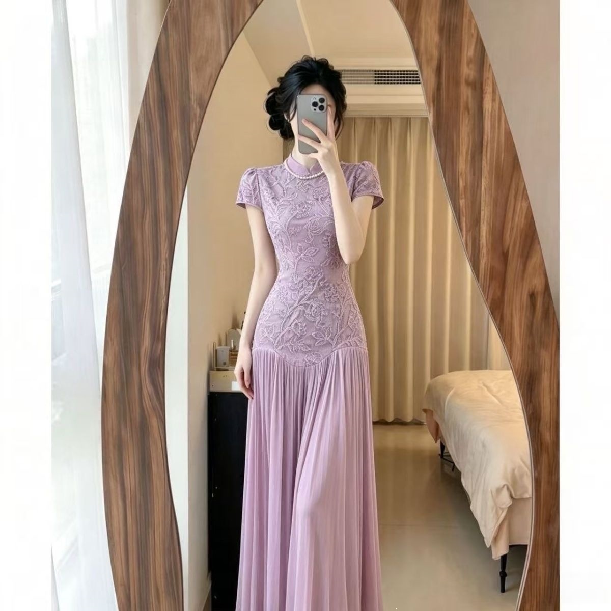 New Chinese-style purple jacquard dress, women's summer new collection, unique design with patchwork details, elegant midi-length dress, cheongsam style