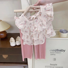 女童法式浪漫方領雪紡碎花蛋糕上衣+抖抖褲兩件套夏季新款夏裝