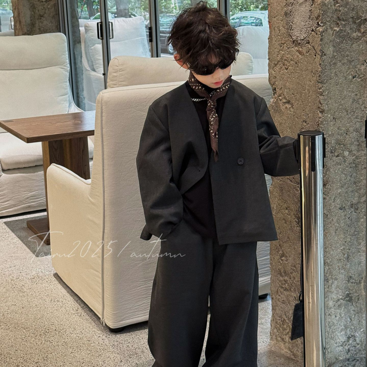 泰如2025秋季新款儿童高级感宽松休闲西服套装男童设计感小众西装