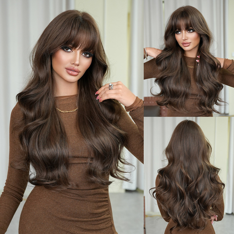 High-Quality Honey Brown Wig for Women, Long Wavy Hair with Bangs, Fluffy Full Head Natural Synthetic Hair Wig