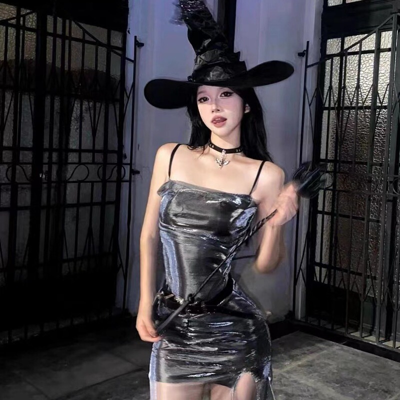 Sexy Lingerie Hot Girl Style Slim-Fit Slit Suspender Dress Mature Metallic Laser Bodycon Long Skirt Trendy Tight-Fitting