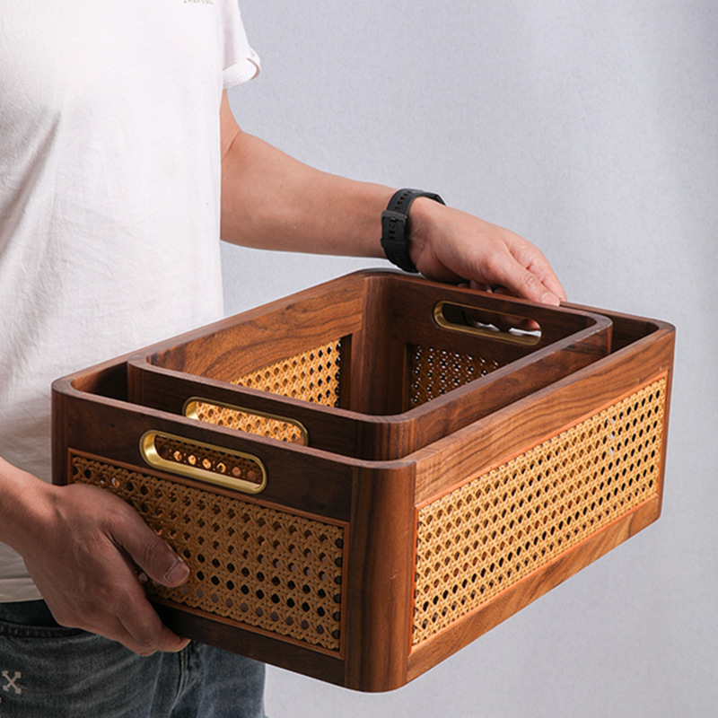Amazon personalizado caja de almacenamiento de madera maciza japonesa tela de caña cesta de almacenamiento de madera de escritorio negro nuez