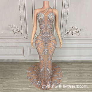 High-End Luxury One-Sided Suspender Full Diamond Mesh Tail Sexy Dress Dinner Singer Model Catwalk Red Carpet Dress