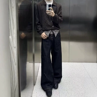 跨境美式潮牌黑色拼腰果花复古潮男女宽松阔腿直筒A字版型牛仔裤