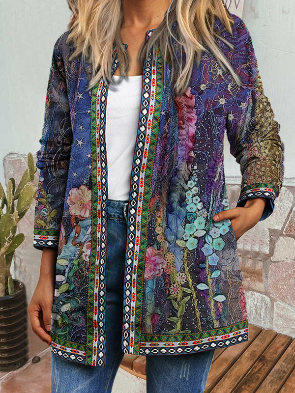 9226# Amazon wish Fall/Winter New Retro Ethnic Style Printing Long Sleeve Jacket Jacket Cardigan Women's Wear