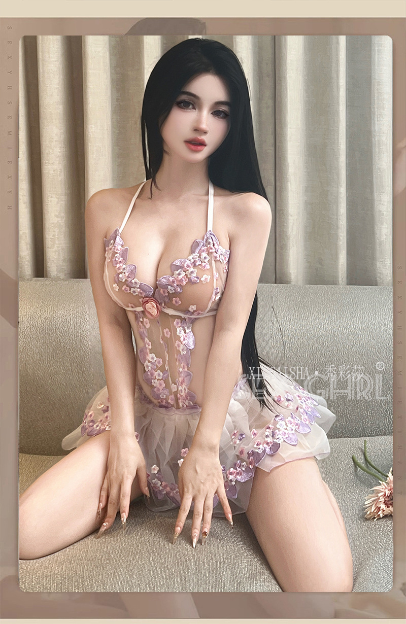 Xiu Cai Sha Lace Embroidery Sheer Babydoll Set with Skirt, Thong and Stockings — detail image 23