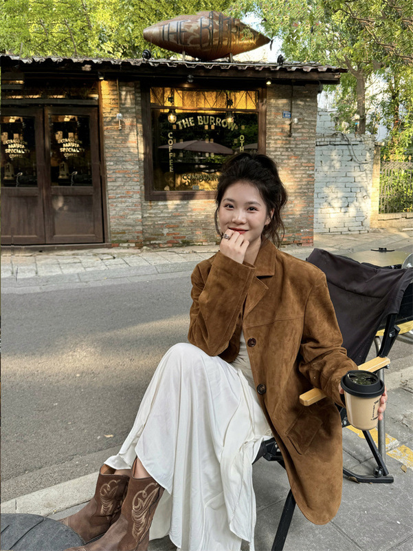 厂家直销麂皮西装外套女2025早春秋季新款皮衣美拉德棕色感小个子|undefined