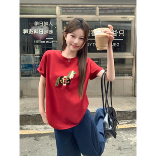 Cartoon Embroidered Mid-length Short-sleeved Shirt Women's 2025 Summer New Loose Age-reducing Western Style All-match Half-sleeved Top