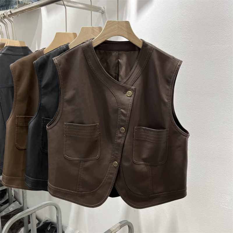 Spring 2025 New Korean Style Retro Leather Wallet Women's Waistcoat Sleeveless Jacket Short Coat Trendy