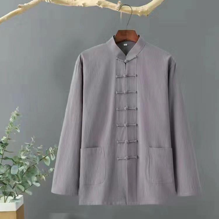 Primavera y otoño algodón y lino traje Tang top de manga larga para hombre traje de padre de mediana edad y anciano traje de Tai Chi chino camisa de fondo estilo chino retro chino image 11
