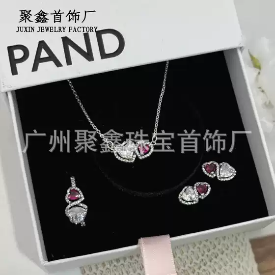 Pandora S925 Sterling Silver Necklace Sparkling Devotion Heart-to-Heart Ring and Stud Earrings Set Valentine's Day Gift for Girlfriend