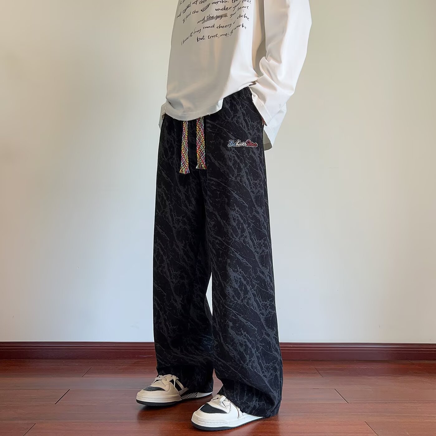 Men's Casual Pants Autumn and Winter Hong Kong Style Wide-Leg Long Pants Trendy Tie-Dye Print Loose Straight-Leg Sweatpants